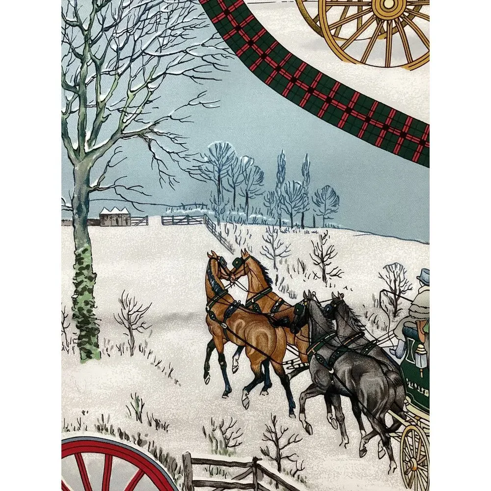 Hermes Scarf Women’s One Size Big Square Coach &Horses &Winer Motif Red &Colors - Picture 5 of 6